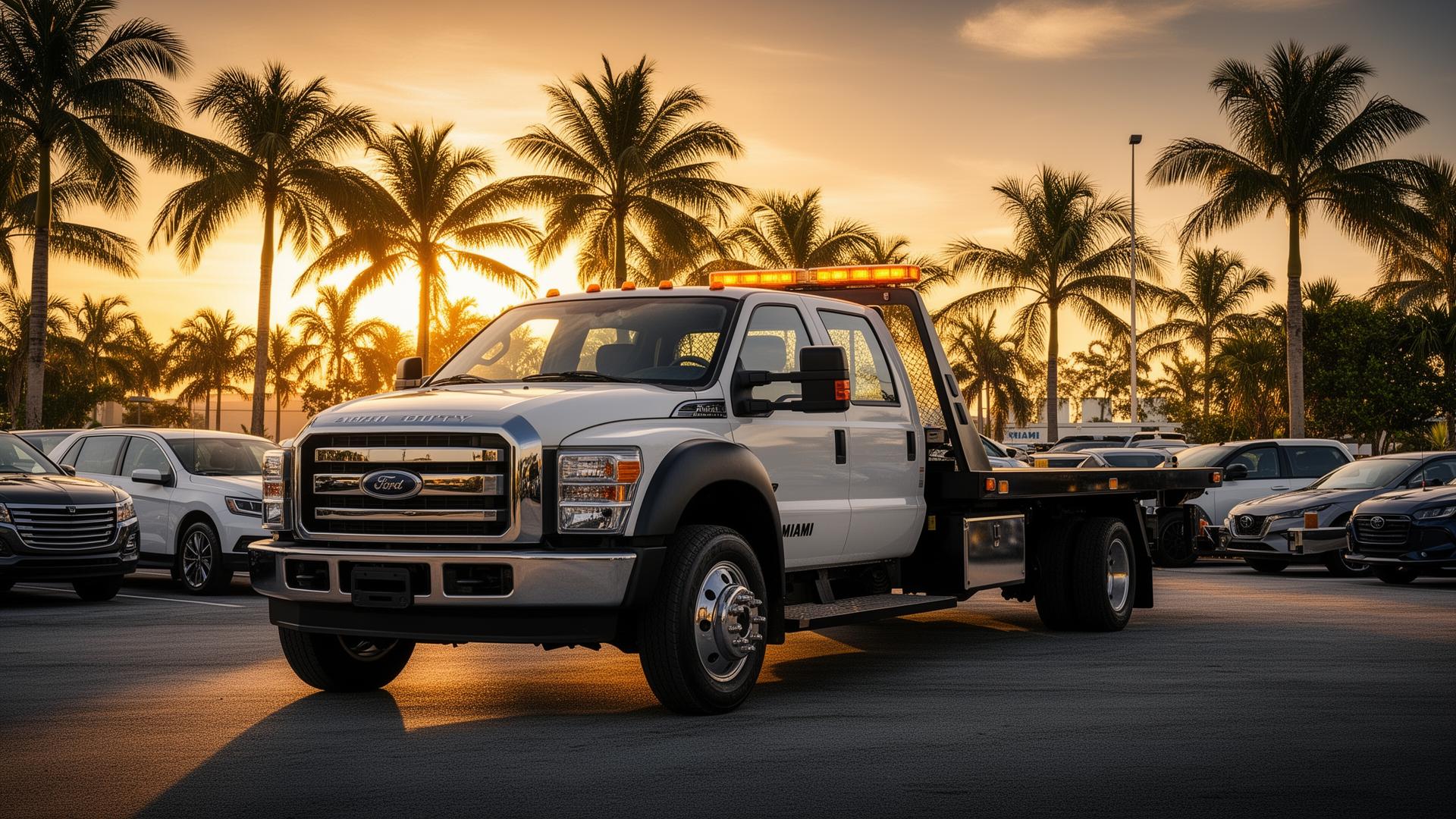 Heavy-duty tow truck at Miami dealership